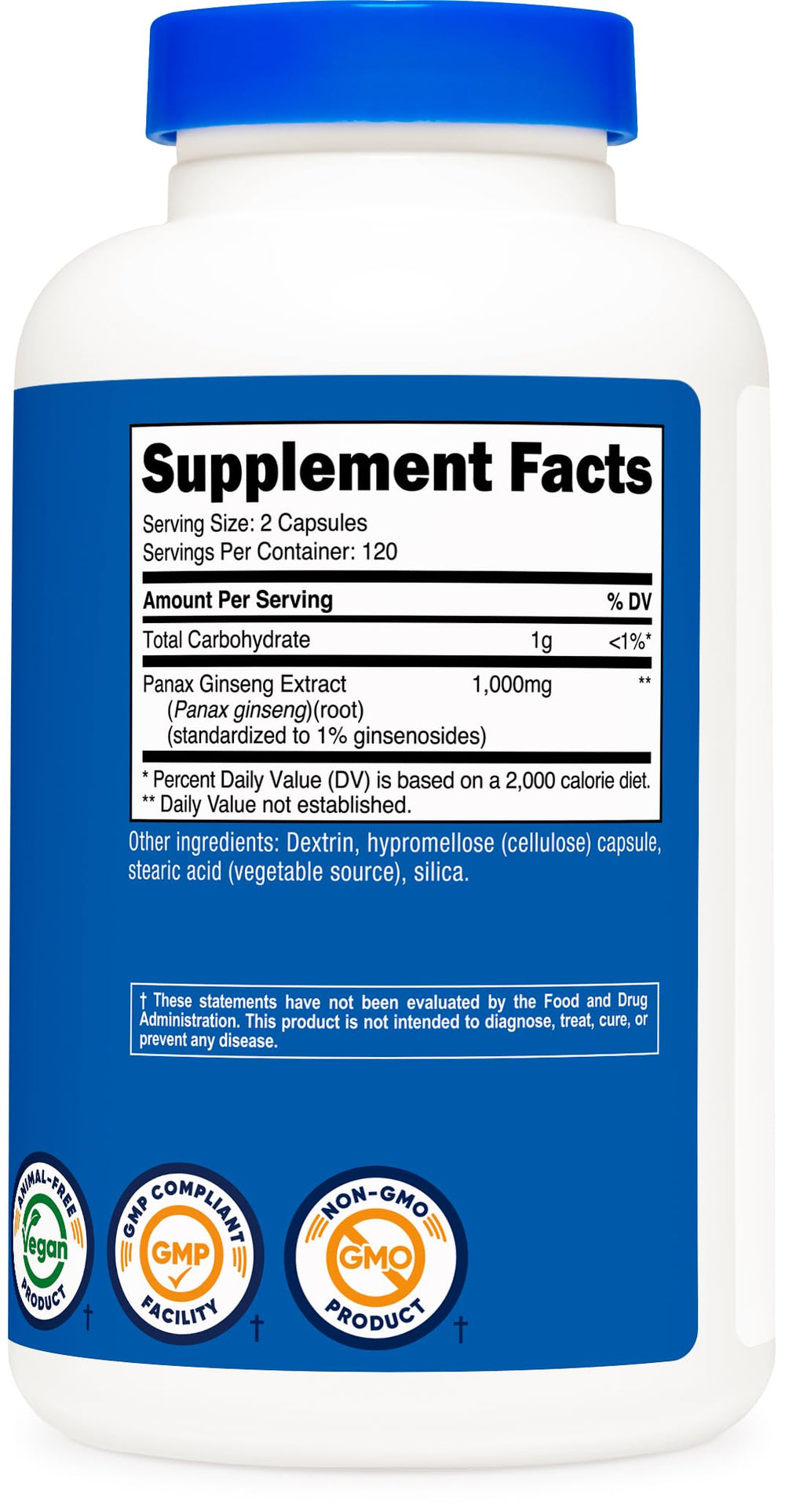 Nutricost panax ginseng frasco en mesa junto a vaso de agua para uso diario
