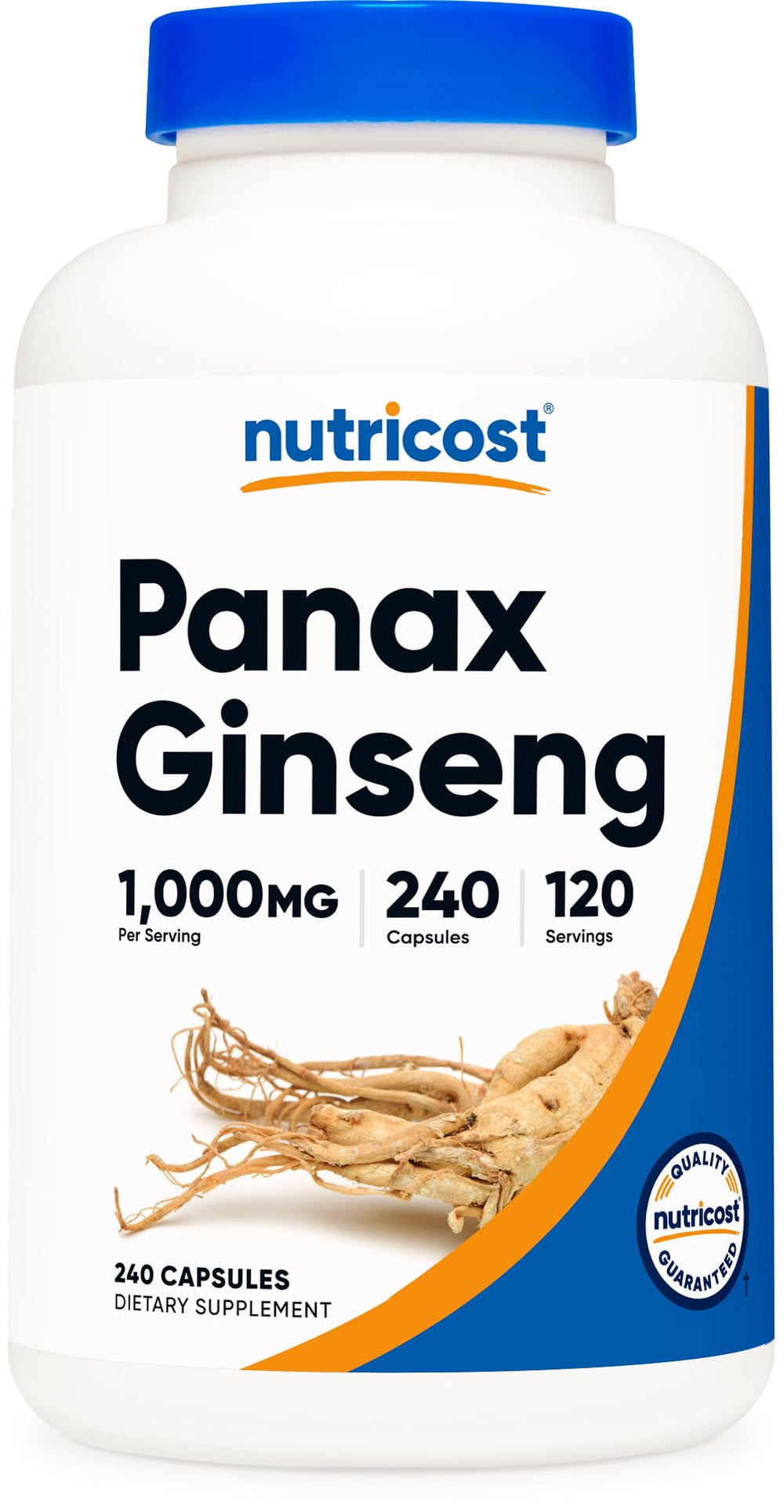 Nutricost panax ginseng frente del envase mostrando el tamaño y diseño
