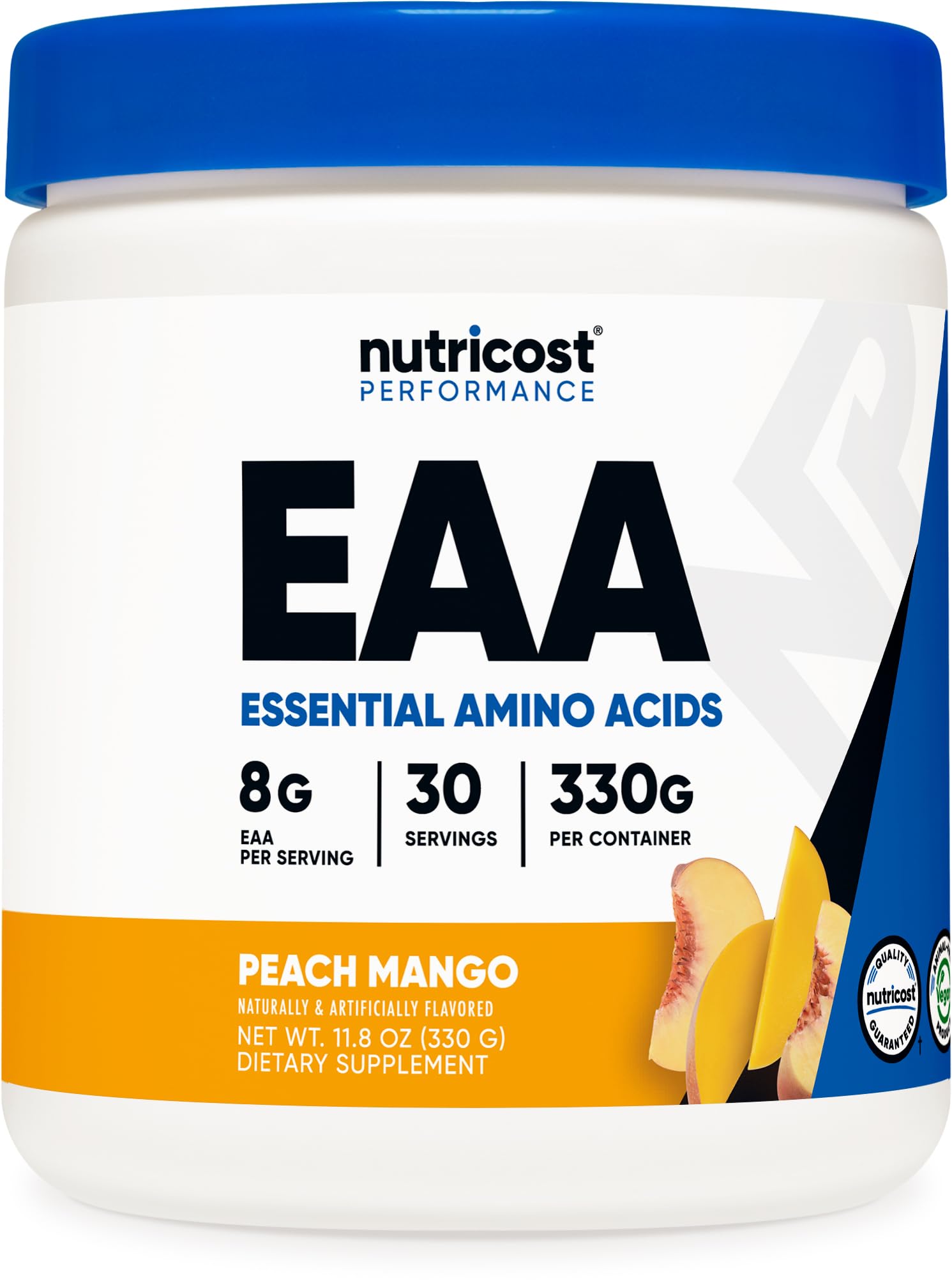 Nutricost envase frontal Peach Mango mostrando la marca y formato, ideal para elegir producto