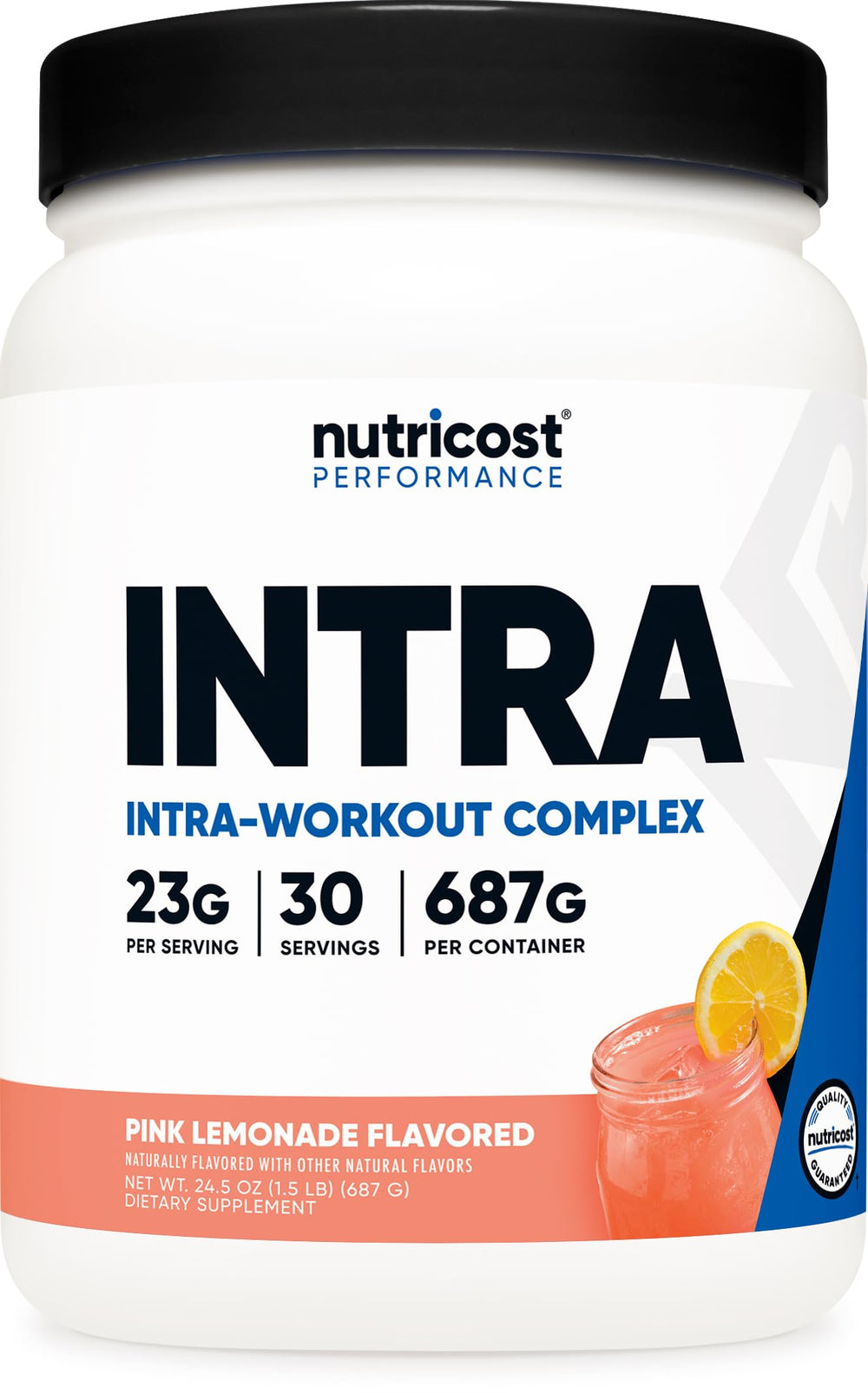 Nutricost envase frontal Pink Lemonade con etiqueta visible y guía de uso