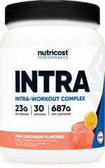 Nutricost envase frontal Pink Lemonade con etiqueta visible y guía de uso