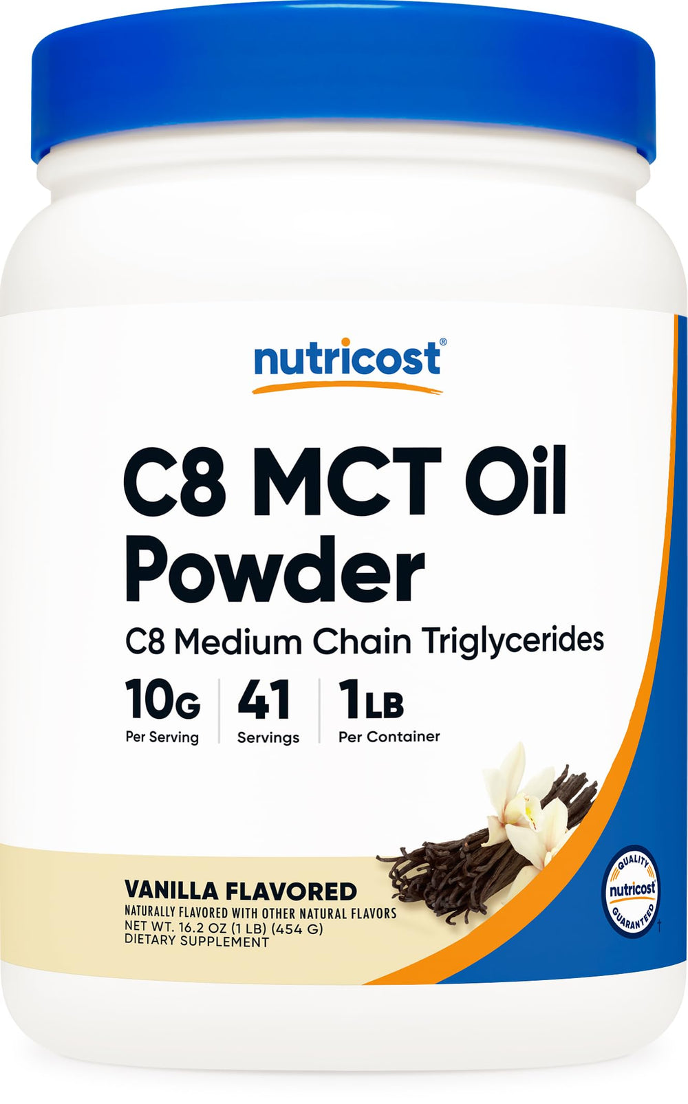 Nutricost envase frontal polvo C8 vainilla mostrando marca y tamaño