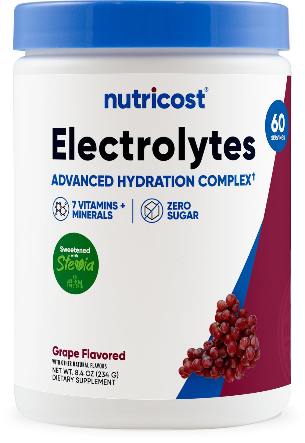 Nutricost envase frontal con sabor uva y 60 servicios para hidratación rápida