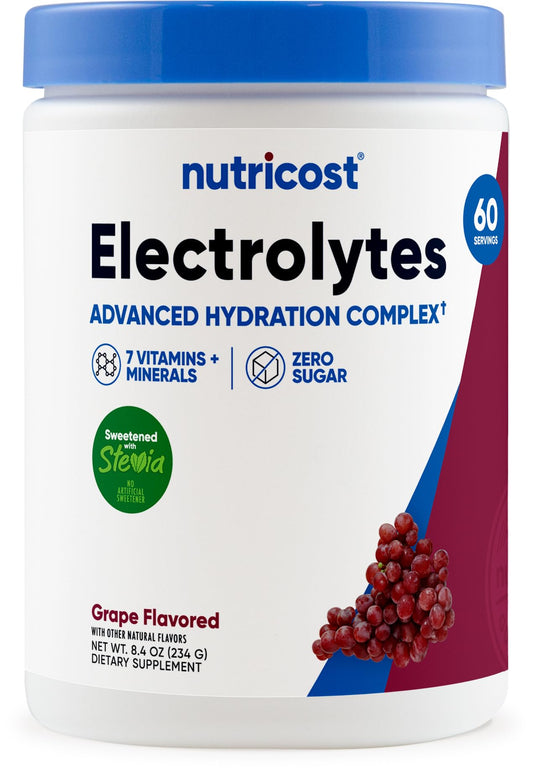 Nutricost envase frontal con sabor uva y 60 servicios para hidratación rápida