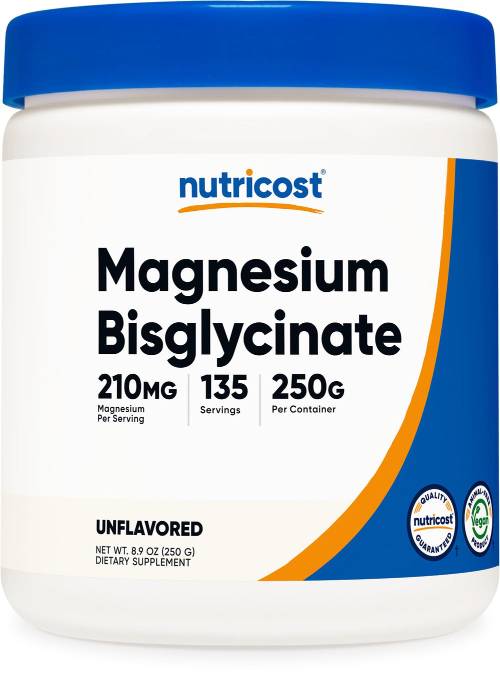 Nutricost envase frontal del polvo de magnesio bisglicinato mostrando la etiqueta y beneficios