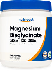 Nutricost envase frontal del polvo de magnesio bisglicinato mostrando la etiqueta y beneficios