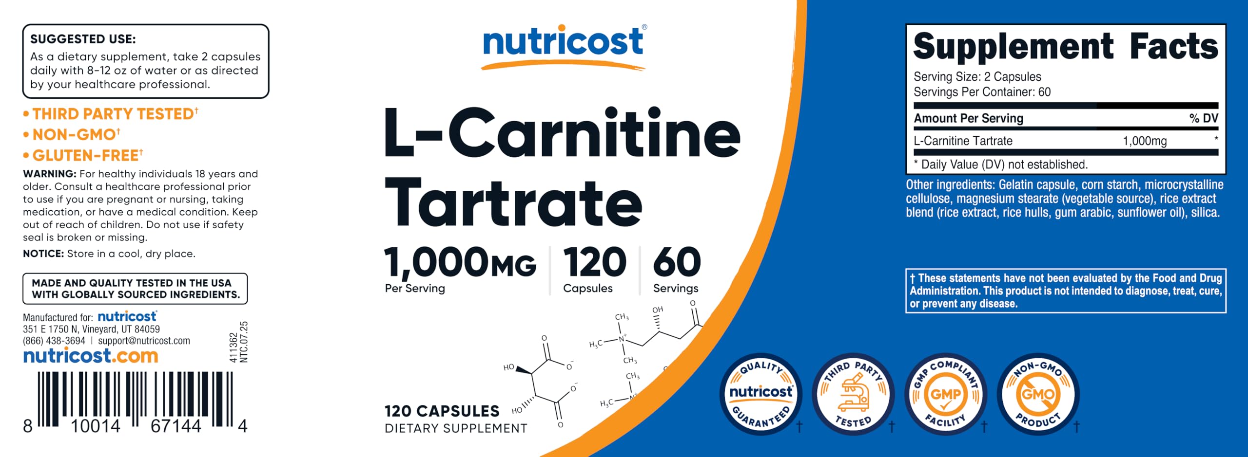 Nutricost detalle del polvo de L-carnitina tartárica como origen del ingrediente