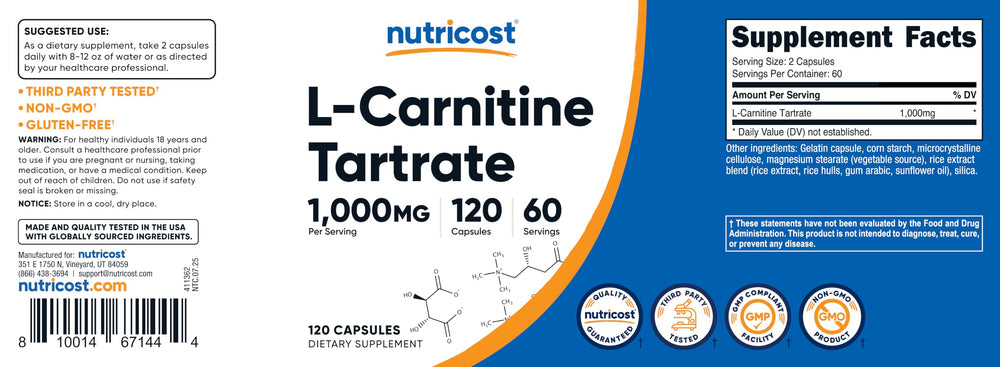 Nutricost detalle del polvo de L-carnitina tartárica como origen del ingrediente