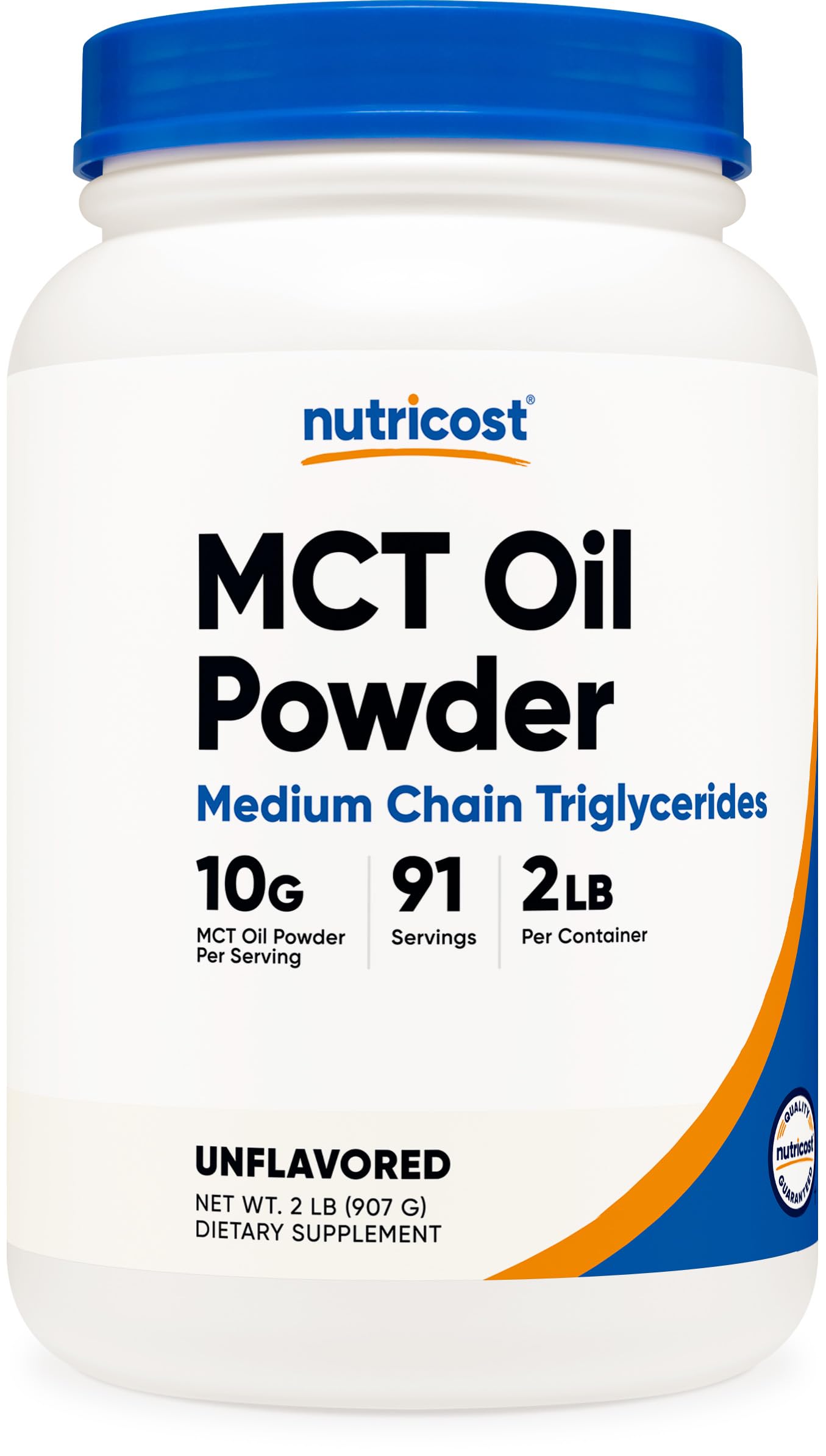 Nutricost envase frontal del polvo MCT mostrando 2 lb y beneficios de uso rápido