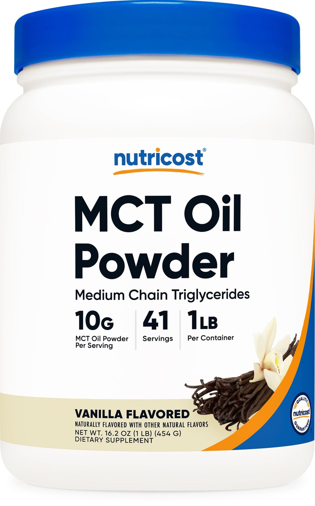 Nutricost envase frontal de polvo MCT vainilla que muestra presentación y beneficio práctico