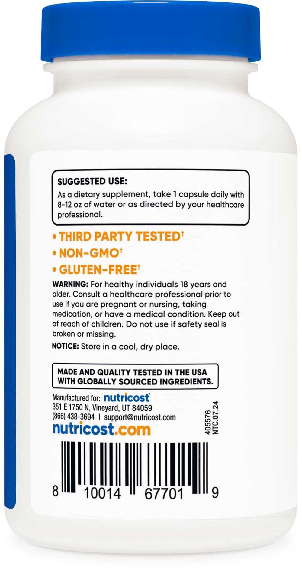 Nutricost etiqueta con información de 99 mg por cápsula y certificaciones
