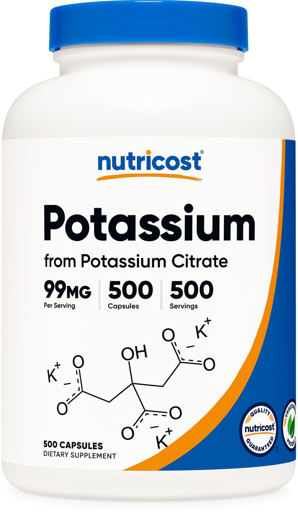Nutricost Potassium Citrate frontal del envase mostrando 500 cápsulas y duración