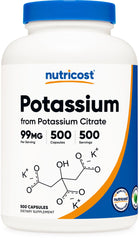 Nutricost Potassium Citrate frontal del envase mostrando 500 cápsulas y duración