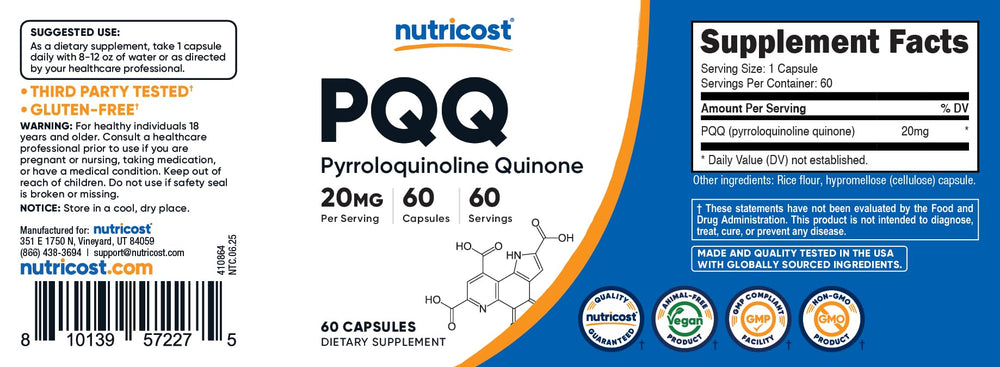 Nutricost PQQ envase abierto con cápsulas mostrando la presentación de 60 unidades