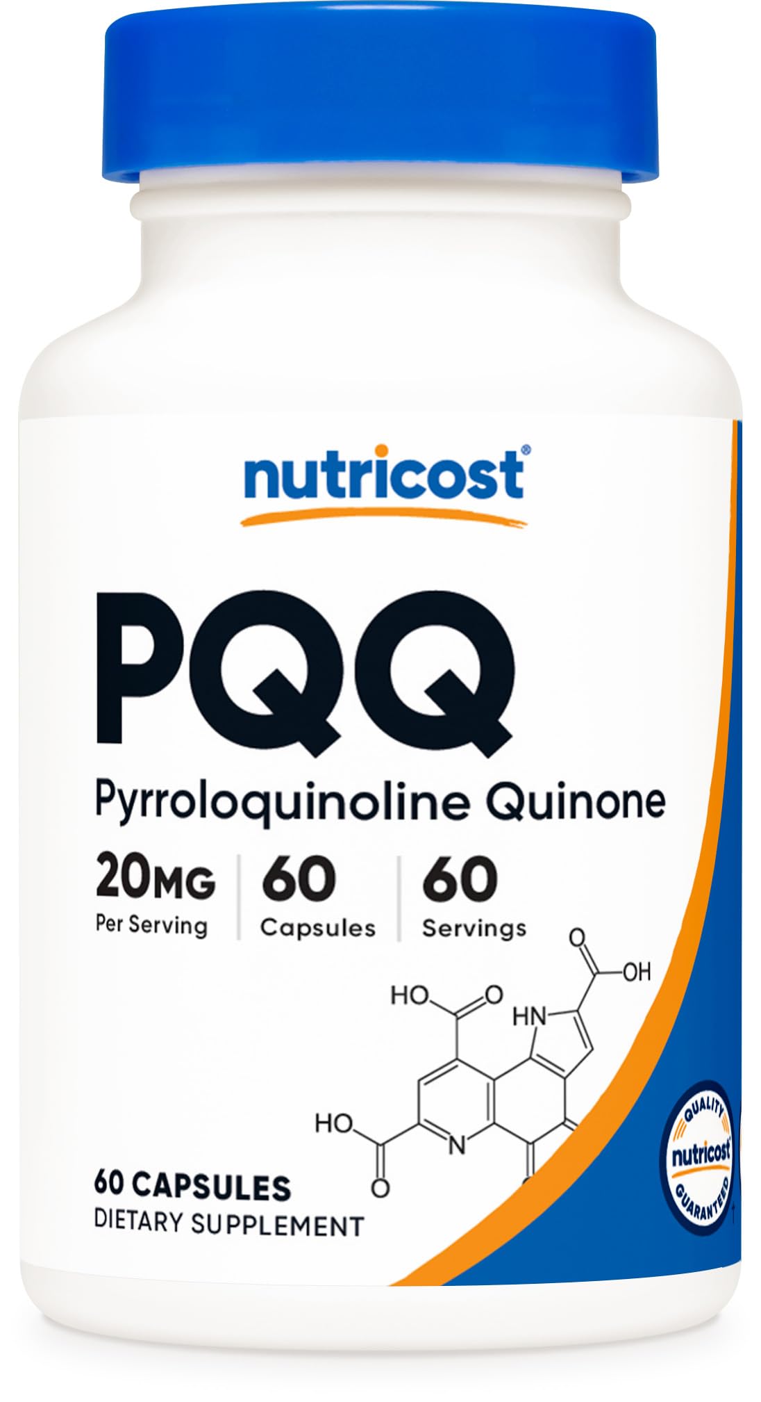 Nutricost PQQ frente del empaque mostrando 60 cápsulas y beneficios de calidad