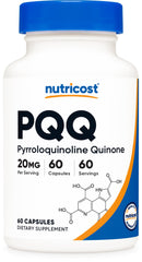 Nutricost PQQ frente del empaque mostrando 60 cápsulas y beneficios de calidad