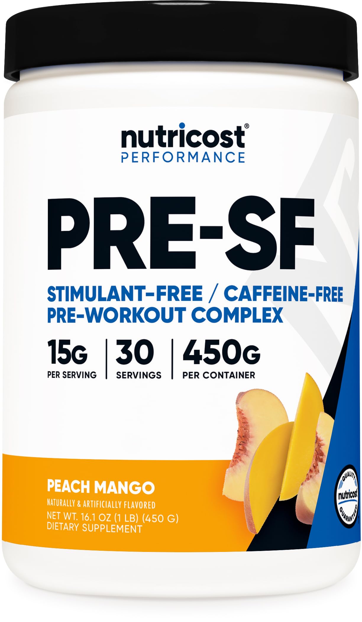 Nutricost envase frontal Peach Mango mostrando la etiqueta clara y beneficios