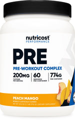 Nutricost frasco frontal mostrando etiqueta y sabor Peach Mango, atractivo visual