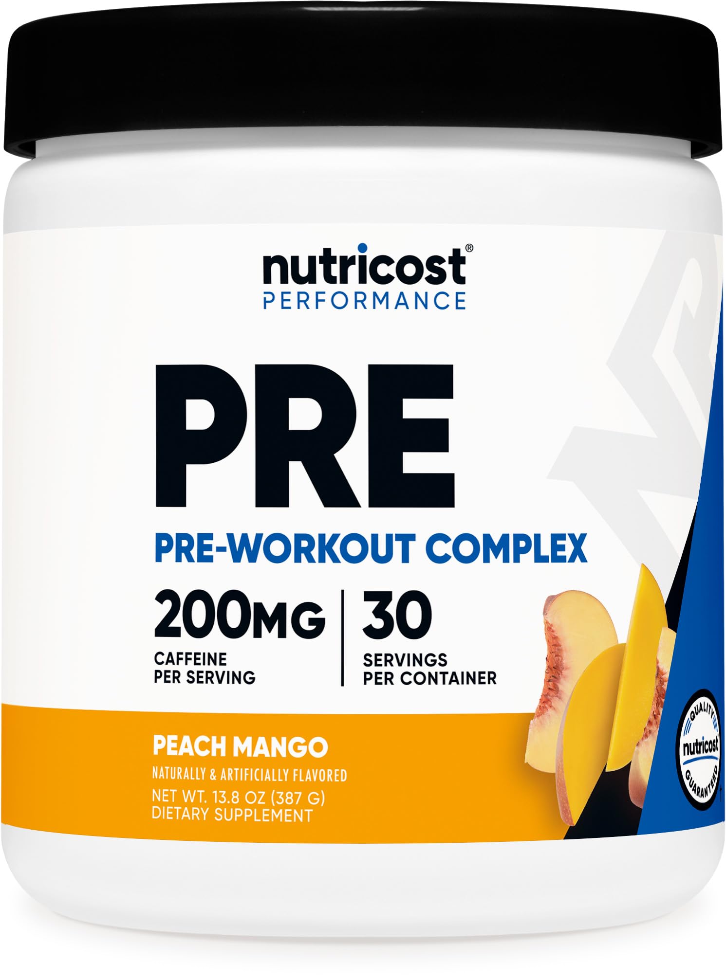 Nutricost Pre-Workout Peach Mango frasco frontal mostrando la etiqueta y beneficios