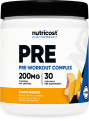 Nutricost Pre-Workout Peach Mango frasco frontal mostrando la etiqueta y beneficios