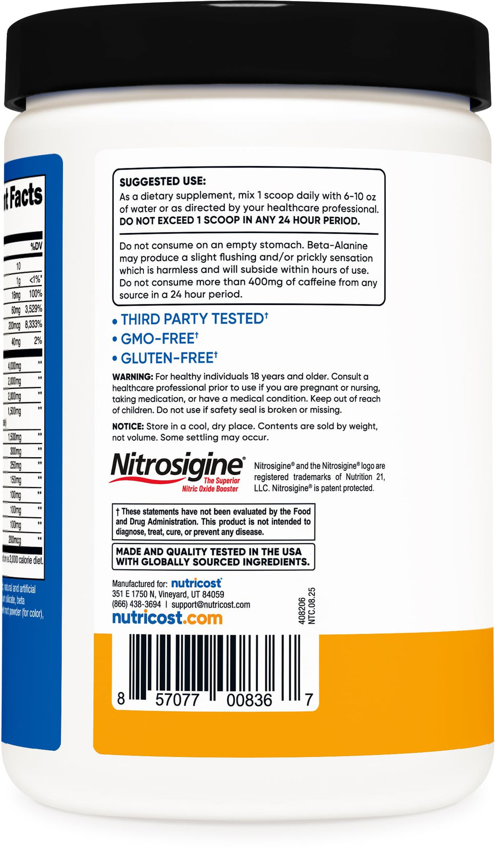 Etiqueta de Nutricost Pre-X Extreme destacando mezcla de aminoácidos y vitaminas clave para energía