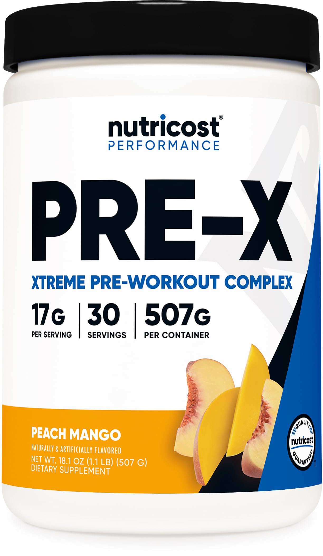 Nutricost frasco Pre-X Extreme frente mostrando diseño y sabor durazno mango para decisión rápida