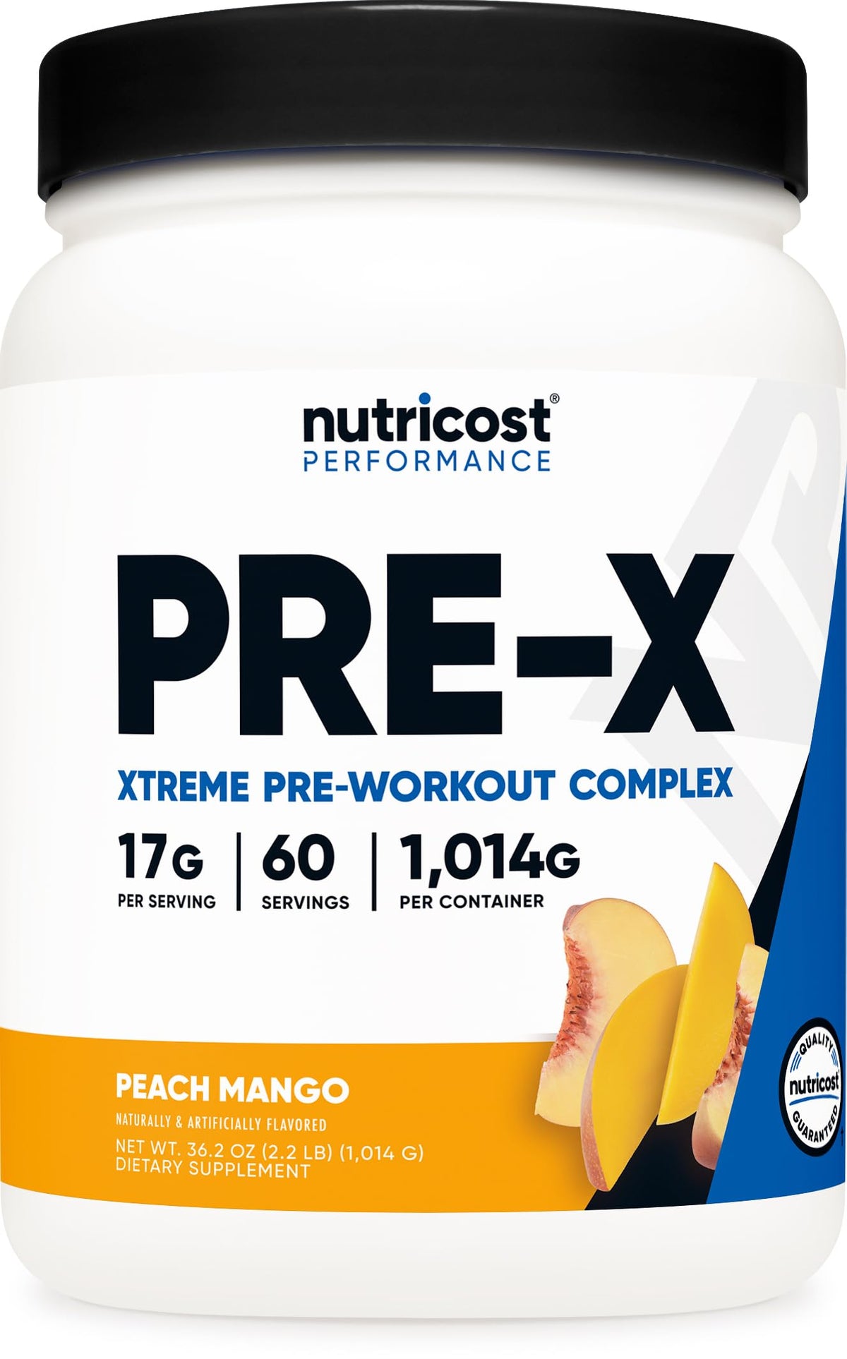 Nutricost envase frontal Peach Mango mostrando 60 servicios y beneficio energía