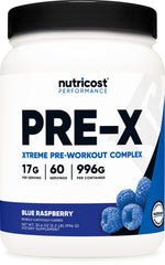 Nutricost frasco frontal blue raspberry mostrando marca y porciones