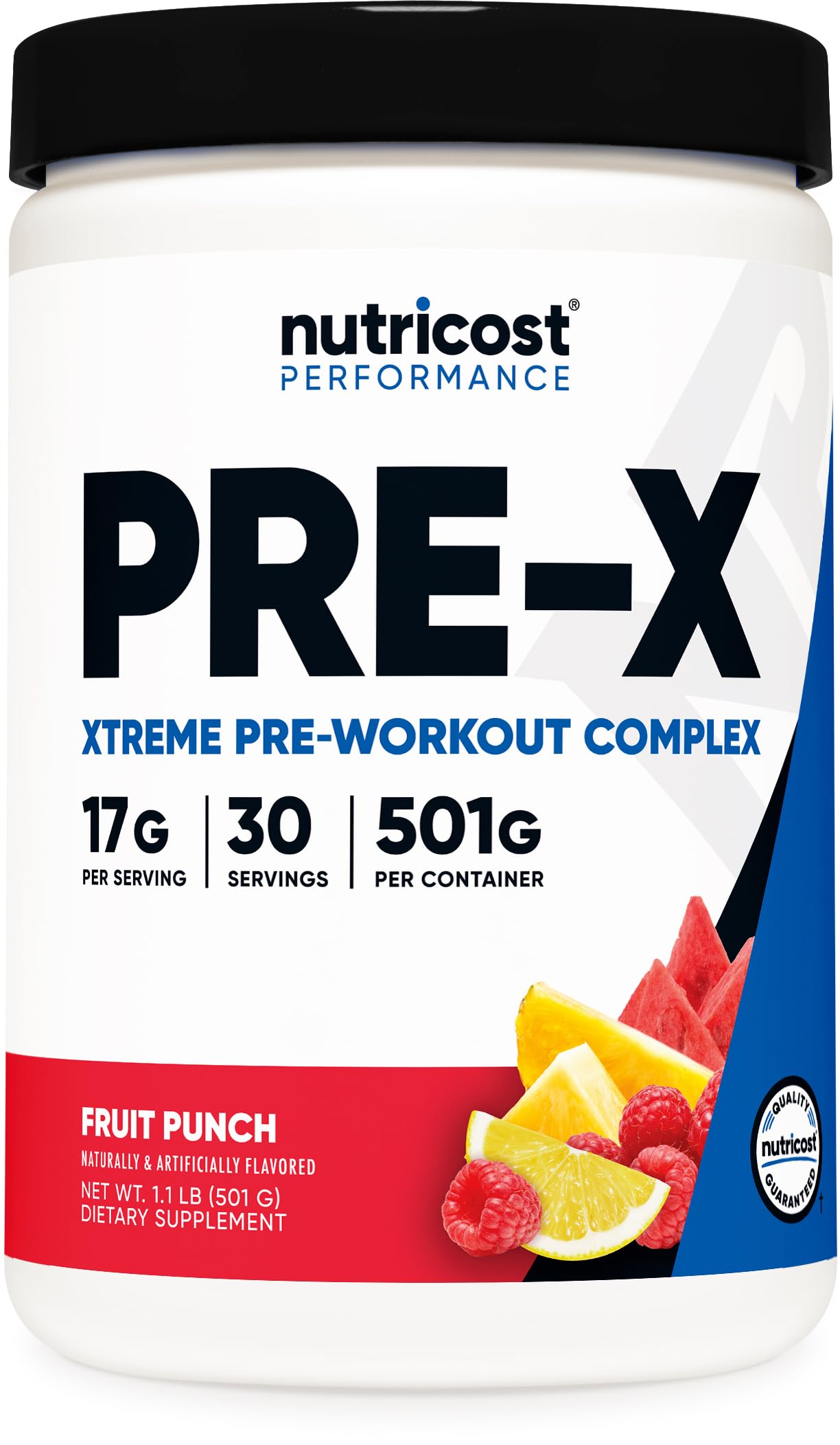 Nutricost envase frontal Fruit Punch mostrando etiquetado y beneficios