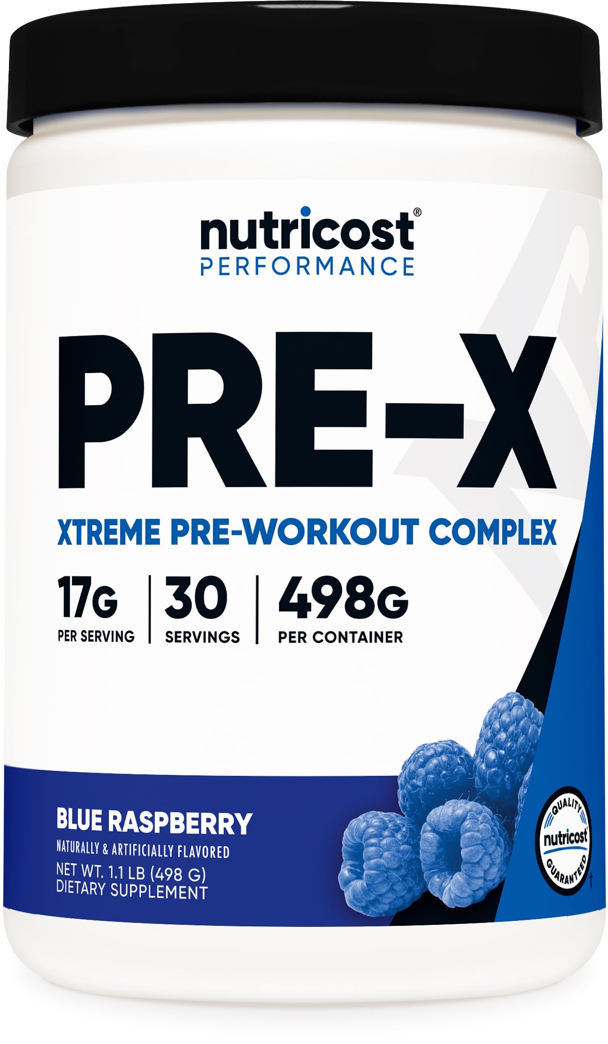 Nutricost Pre-X Xtreme frontal mostrando envase y sabor azul frambuesa para energía