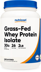 Nutricost bote frontal del aislado de suero alimentado con pasto mostrando envase limpio y profesional