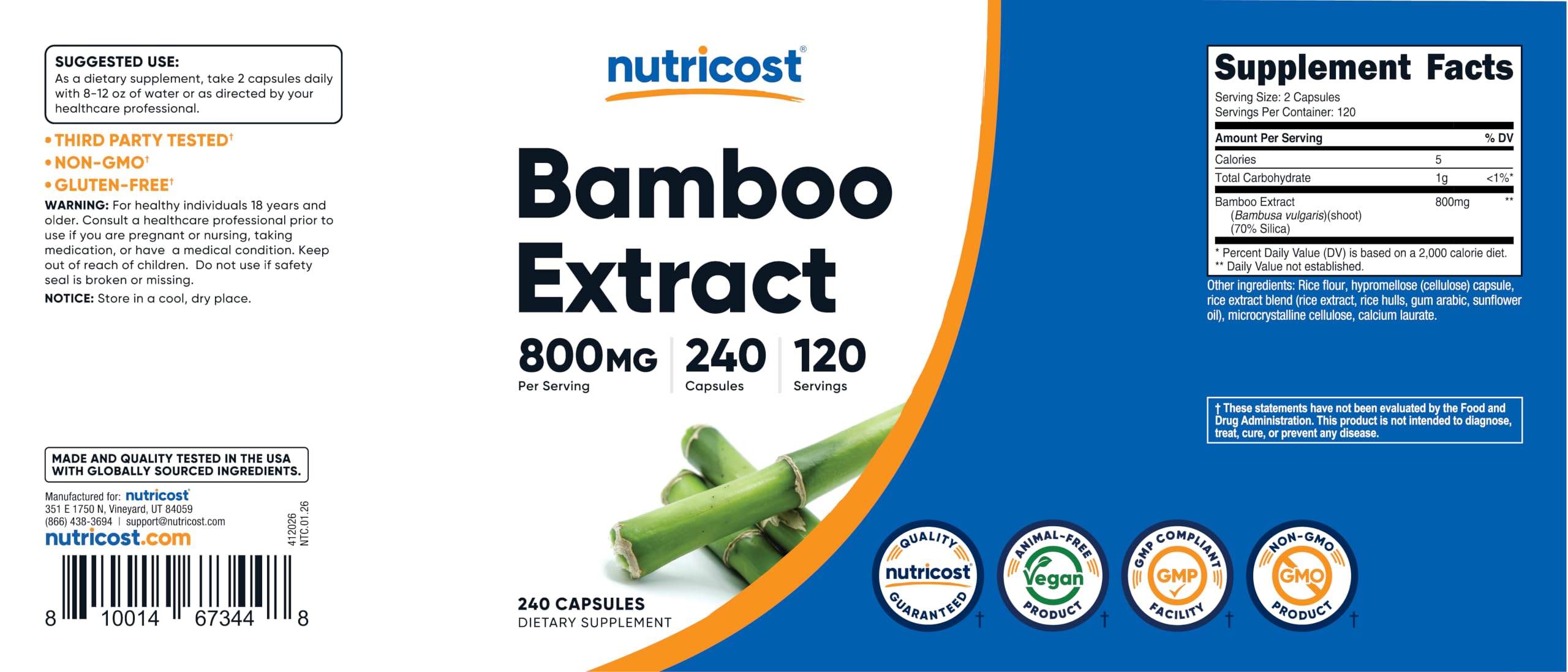 Nutricost presentación lateral mostrando cantidad y sello de calidad