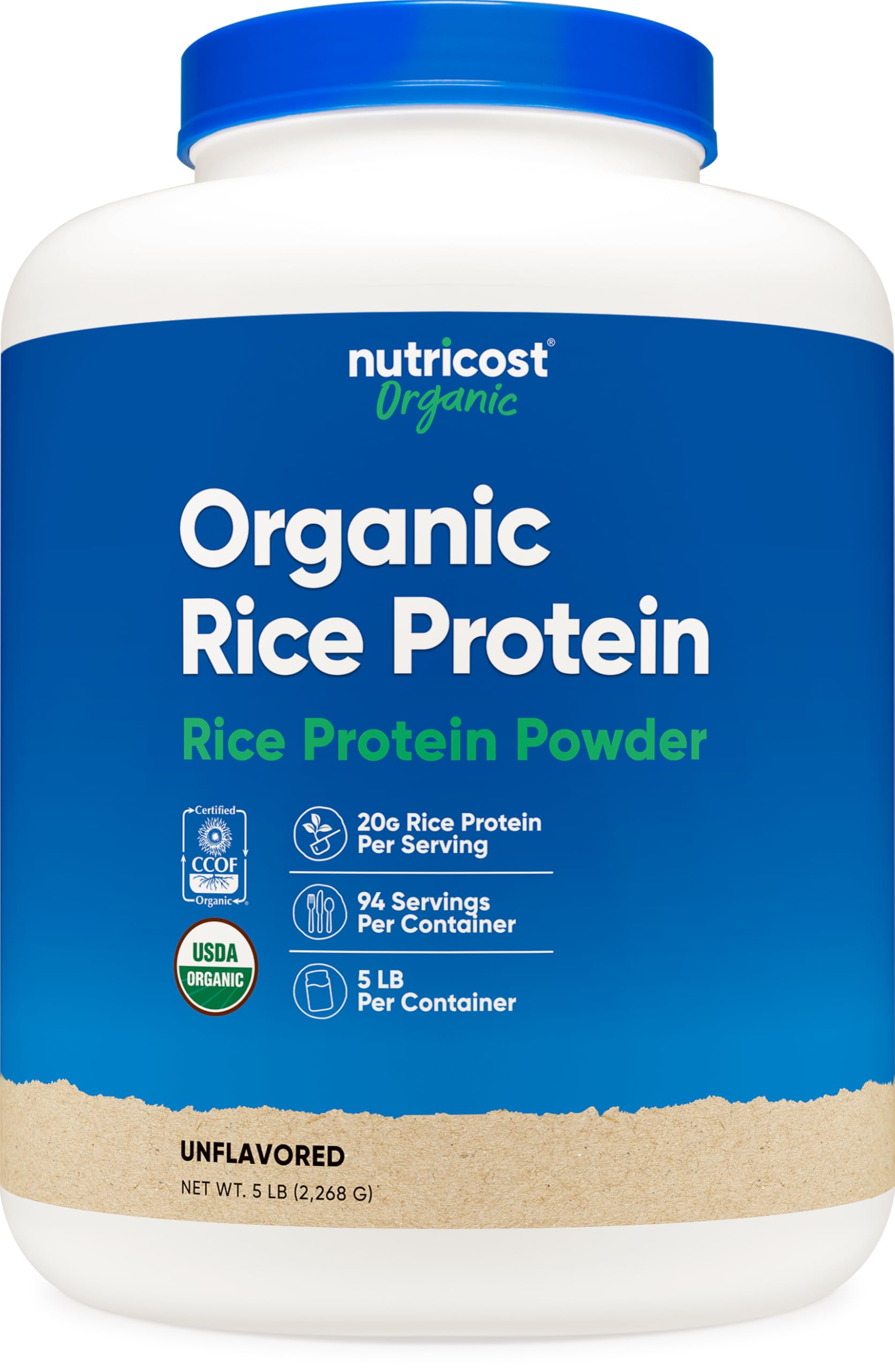 Nutricost envase frontal de proteína de arroz, presentación clara y confiable