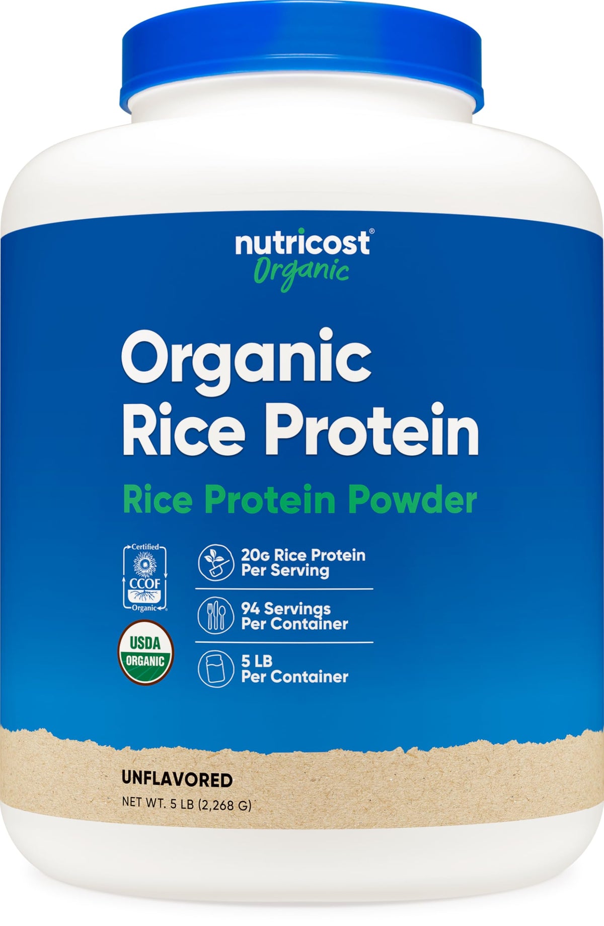 Nutricost envase frontal de proteína de arroz, presentación clara y confiable