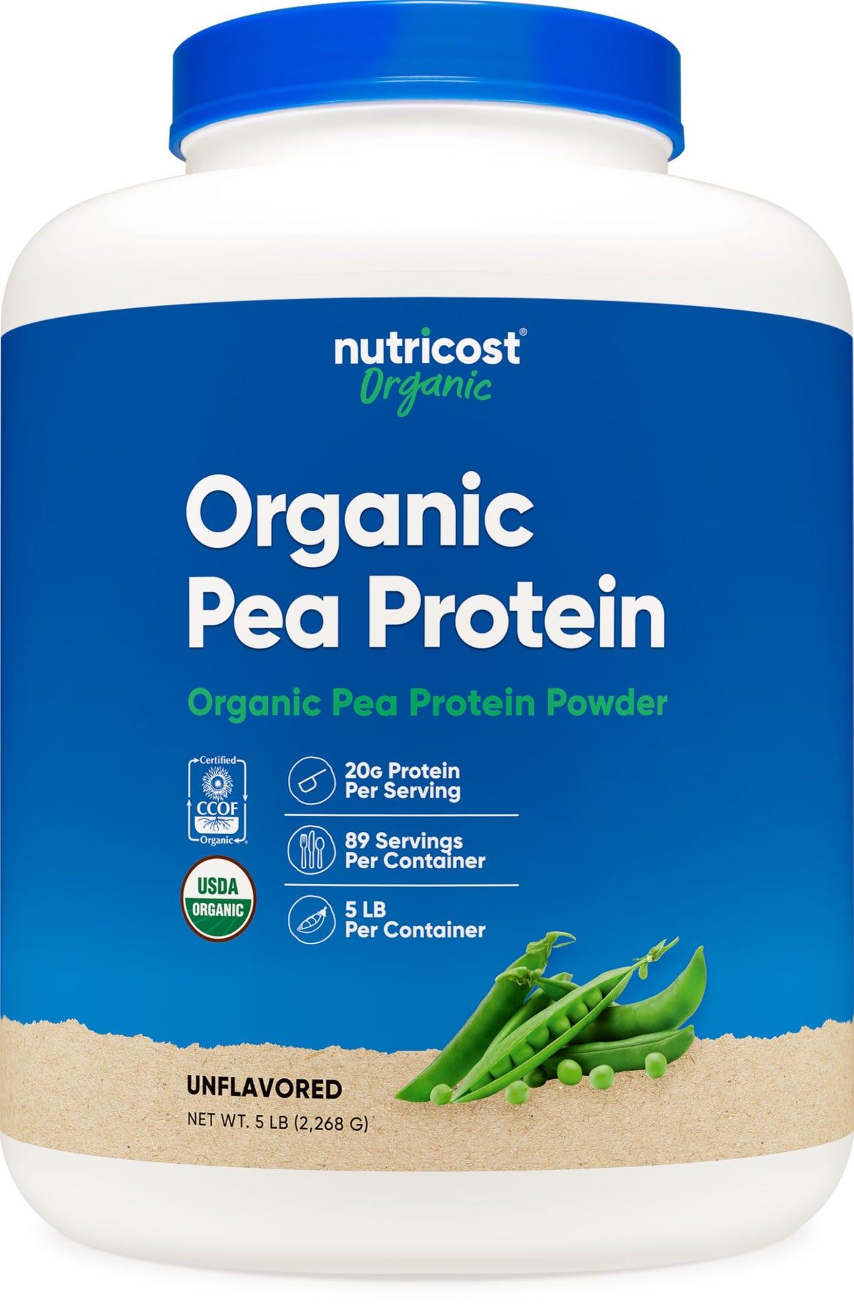 Nutricost frente del envase 5 lbs mostrando diseño y marca, opción orgánica clara