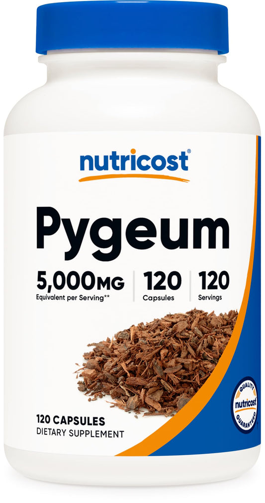 Nutricost Pygeum Extract bottle front with 120 veggie capsules for daily use