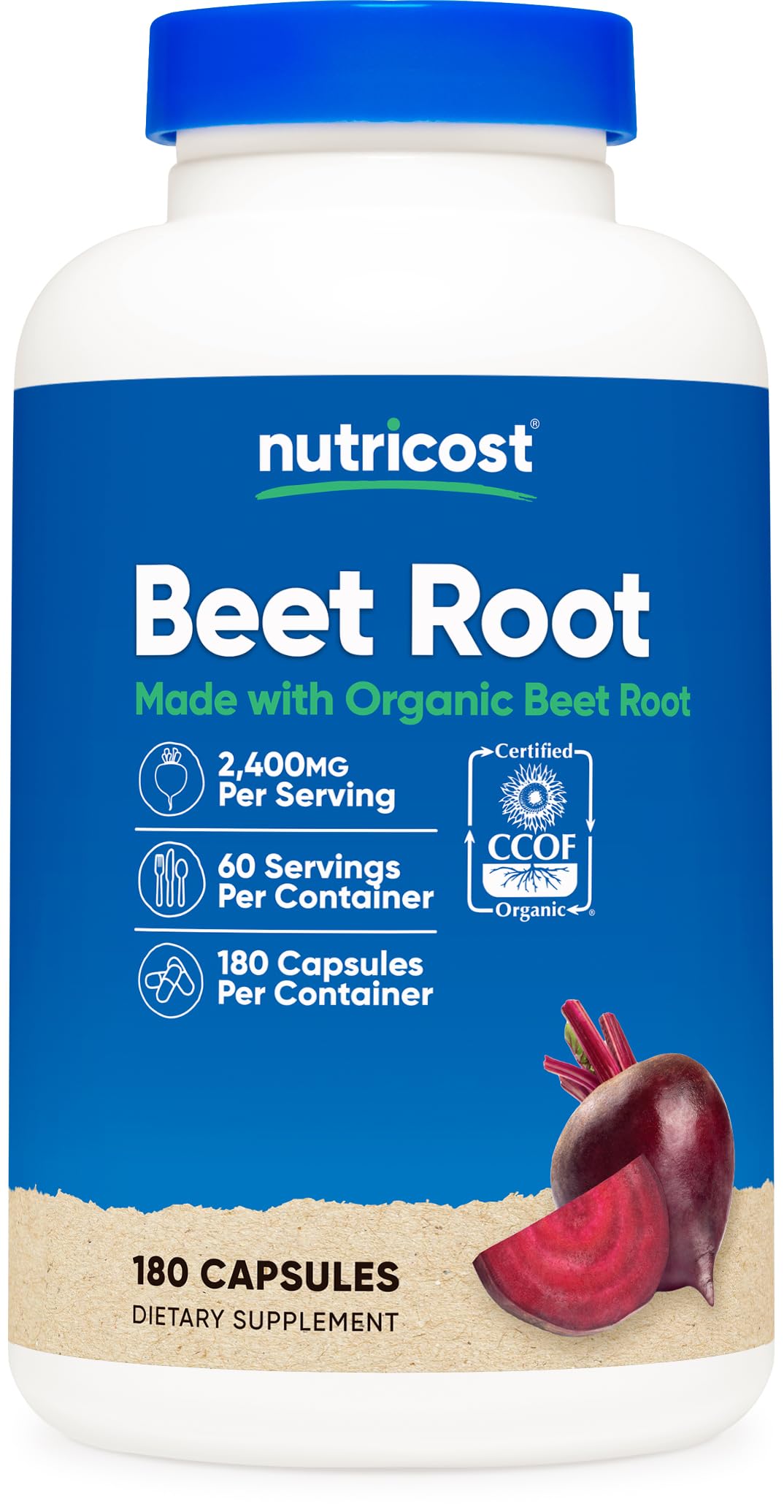Nutricost envase frontal de Beet Root 2400mg mostrando tamaño y diseño, confianza en calidad