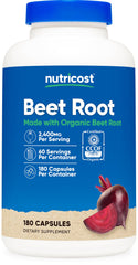 Nutricost envase frontal de Beet Root 2400mg mostrando tamaño y diseño, confianza en calidad
