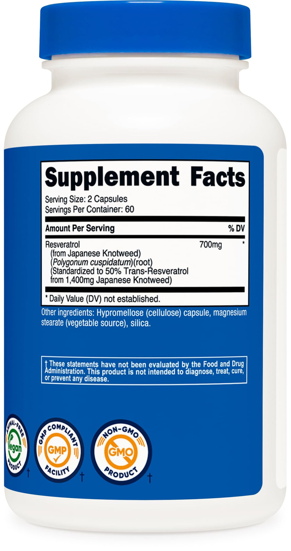 Comparación de tamaño Nutricost Resveratrol junto a moneda para referencia de escala