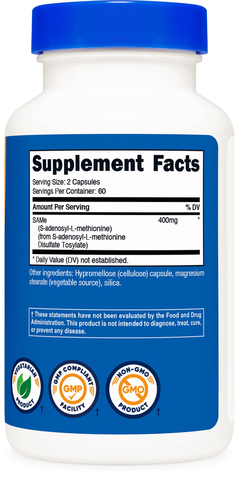 Nutricost SAM-e etiqueta legible con ingredientes y dosis por porción