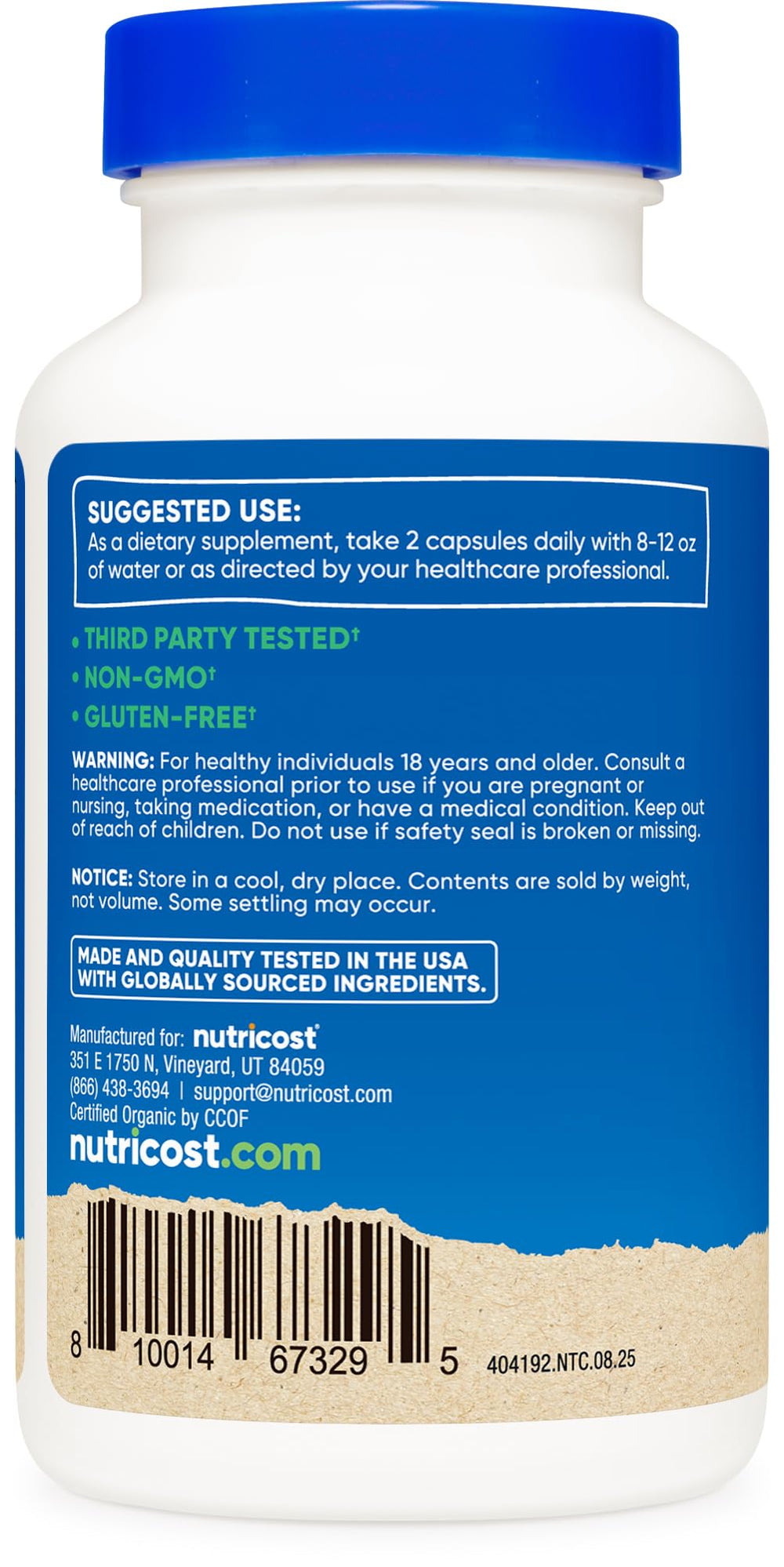 Nutricost etiqueta con certificaciones CCOF, NSF y datos de calidad