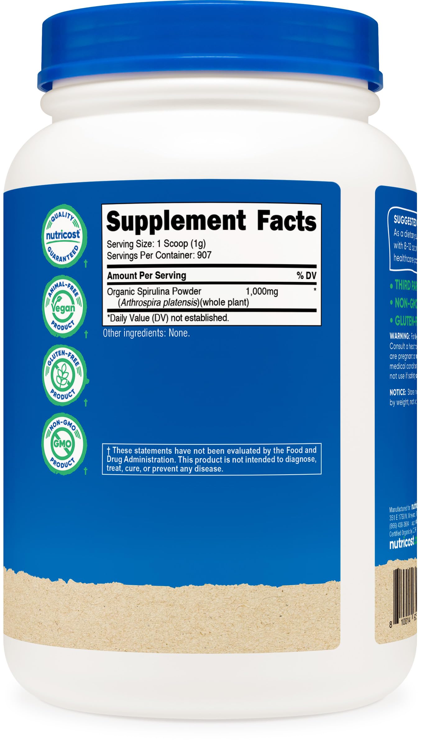 Nutricost spirulina comparación de tamaño del envase 2 lb para ahorro y uso frecuente