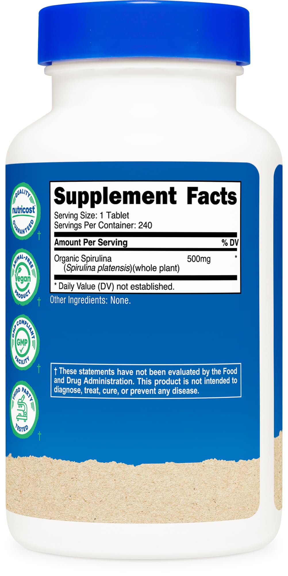Nutricost spirulina etiqueta con certificaciones orgánicas y GMP