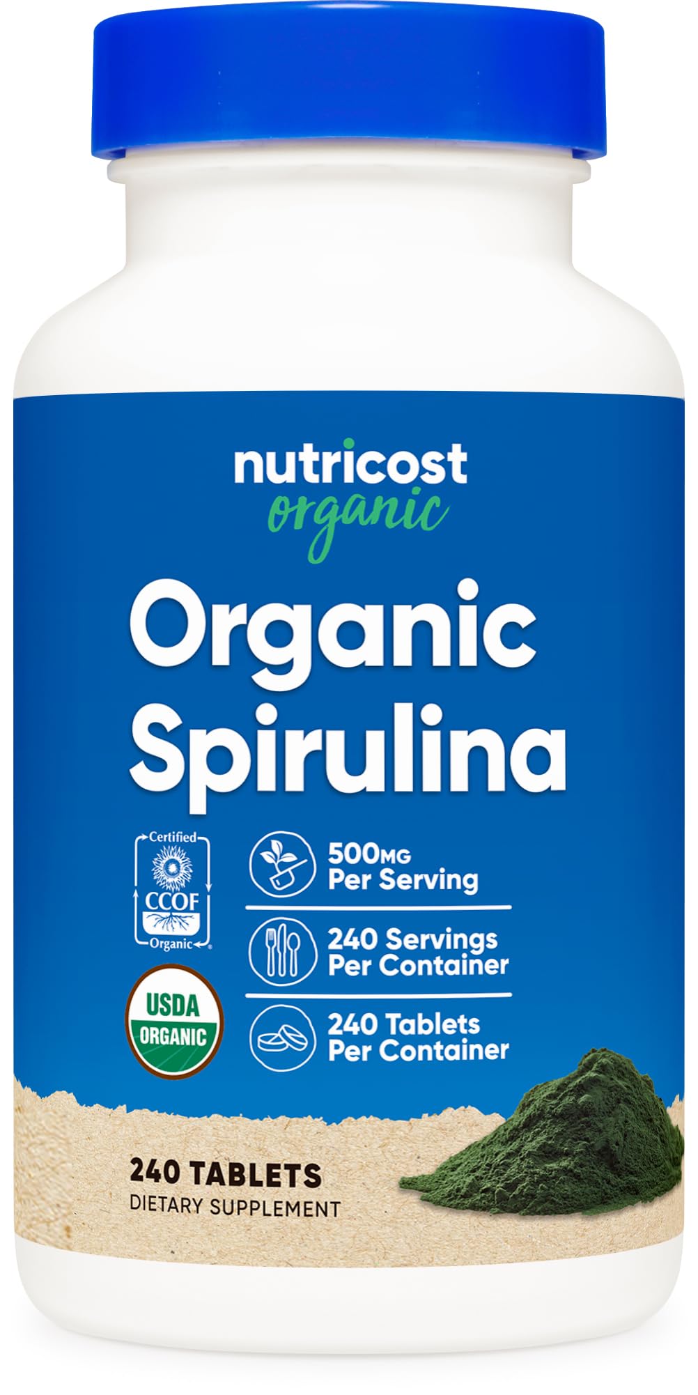 Nutricost spirulina frasco frontal mostrando cantidad y sello orgánico