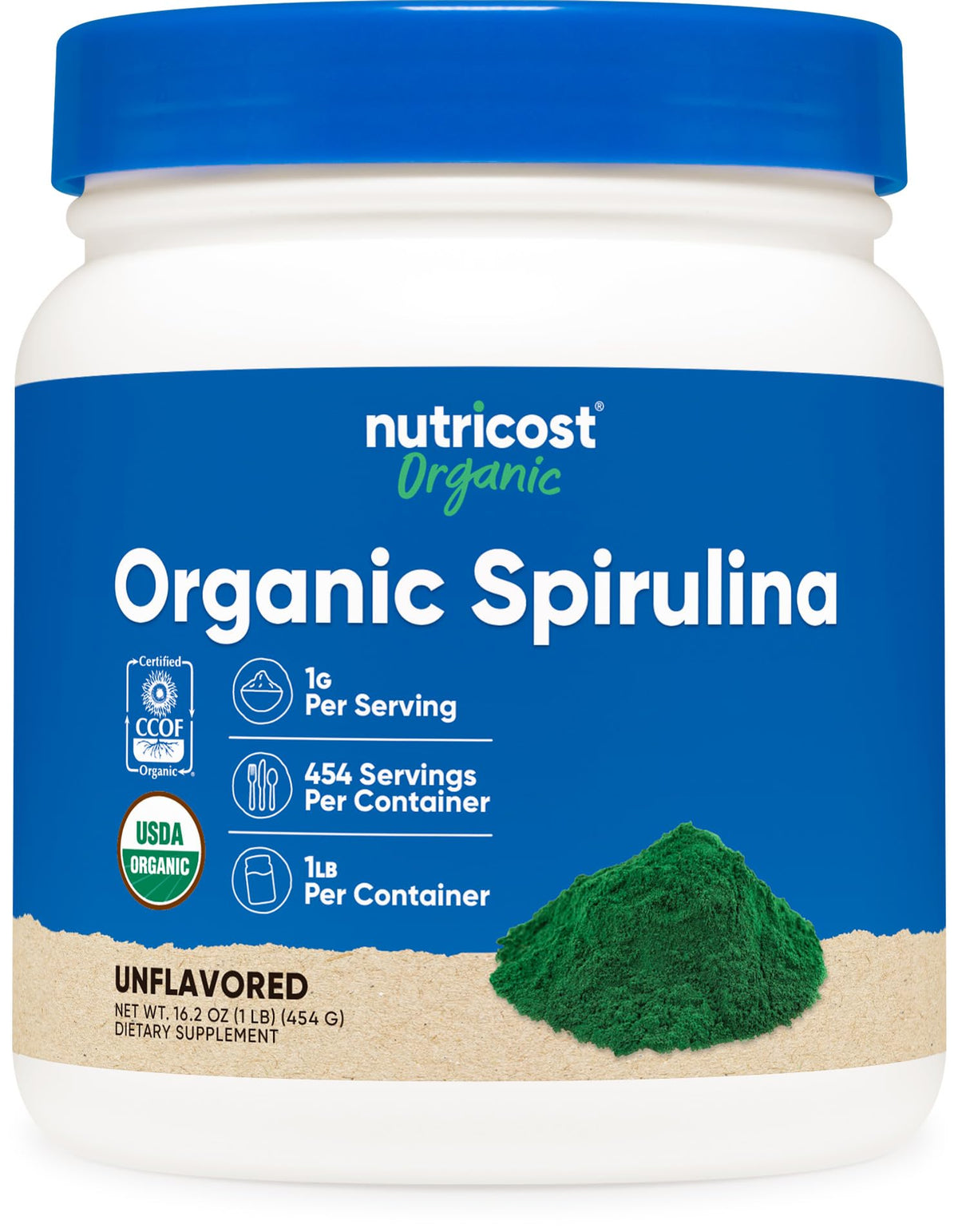 Nutricost spirulina envase frontal que muestra cantidad y pureza