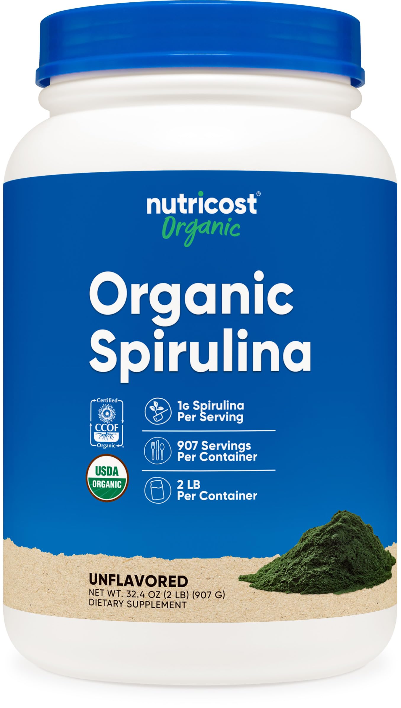 Nutricost spirulina orgánica vista frontal del envase con etiqueta clara y beneficios