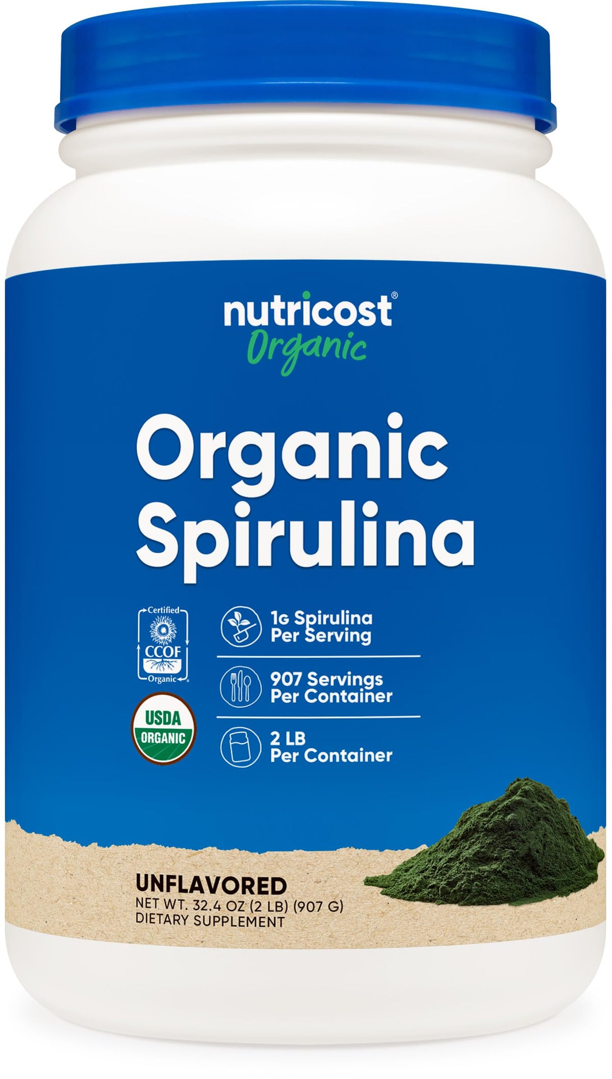 Nutricost spirulina orgánica vista frontal del envase con etiqueta clara y beneficios