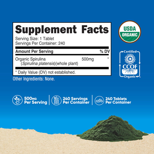 Nutricost spirulina tableta en primer plano para dosificación fácil