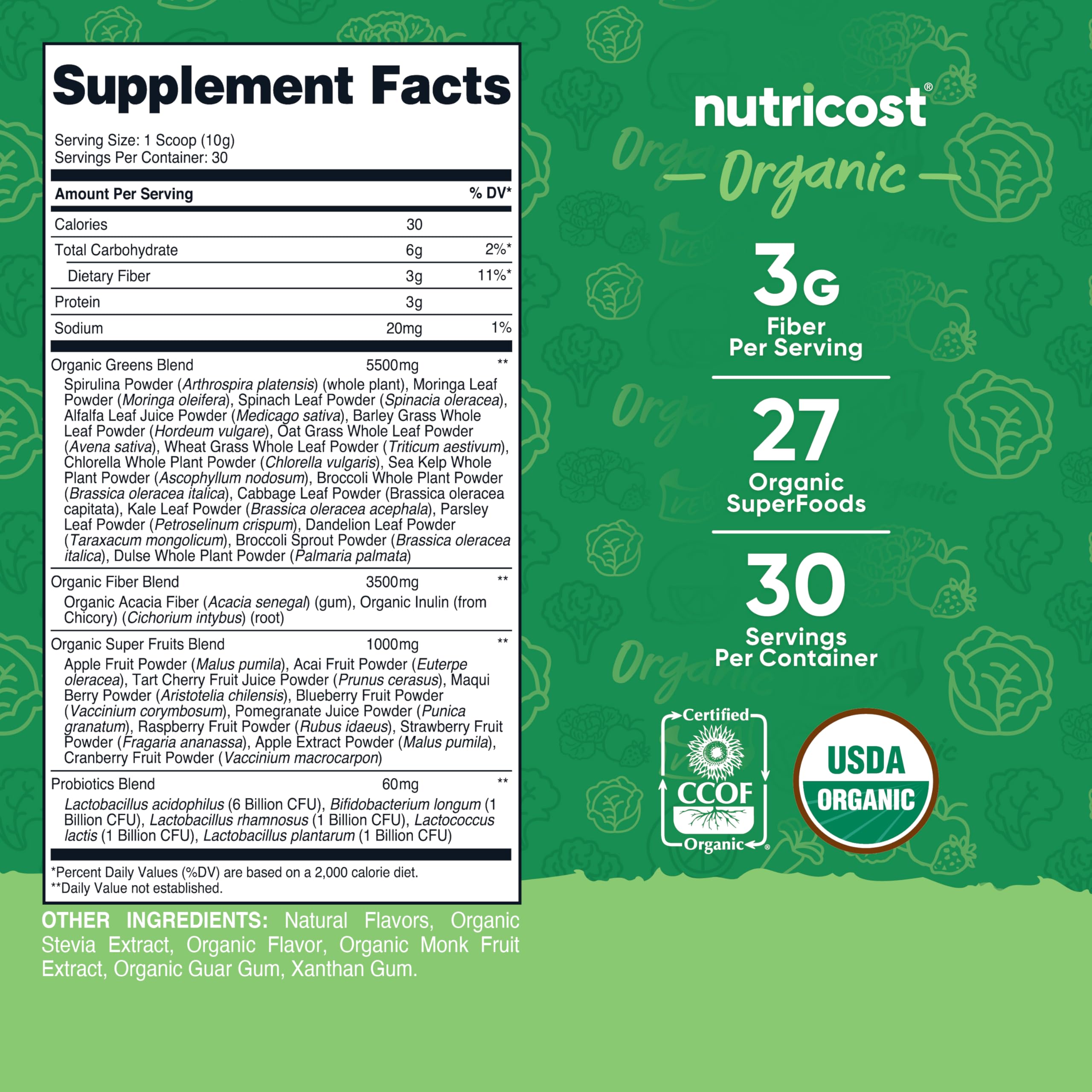Polvo verde de Nutricost mostrando textura fina y mezcla homogénea