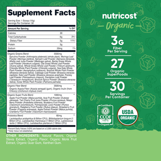 Polvo verde de Nutricost mostrando textura fina y mezcla homogénea